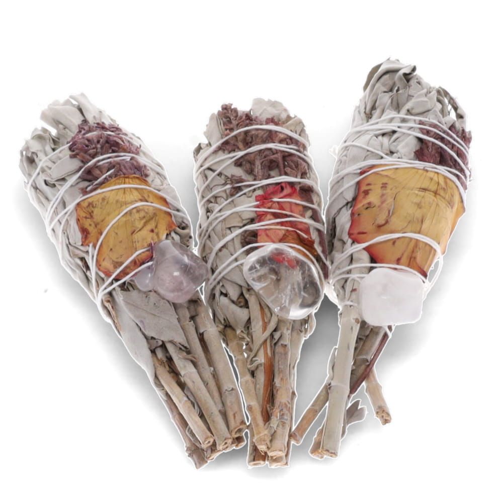 1 bunch Smudge Stick - White Sage Torch with Lavender, Wild Flowers & Quartz 8cm