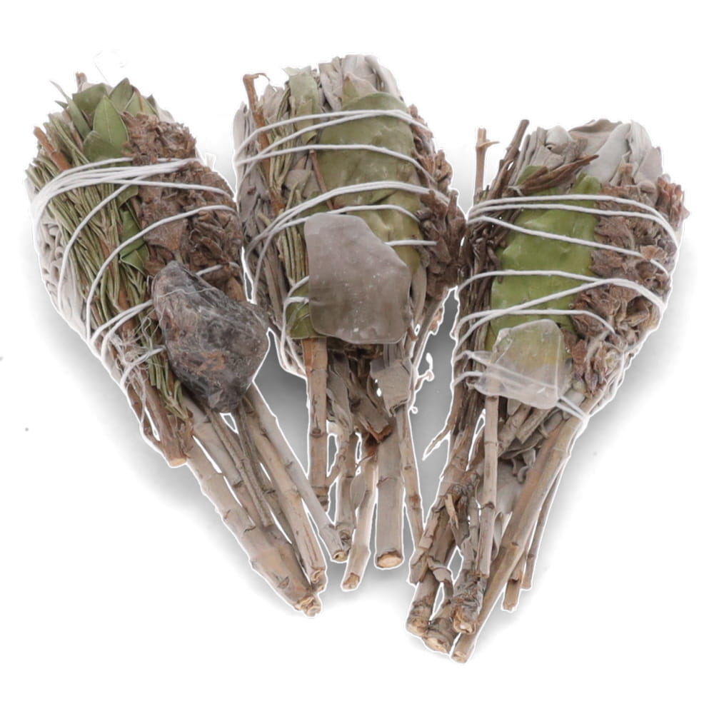1 bunch Smudge Stick - White Sage Torch with Mitron Leaves, Rosemary & Quartz 8cm