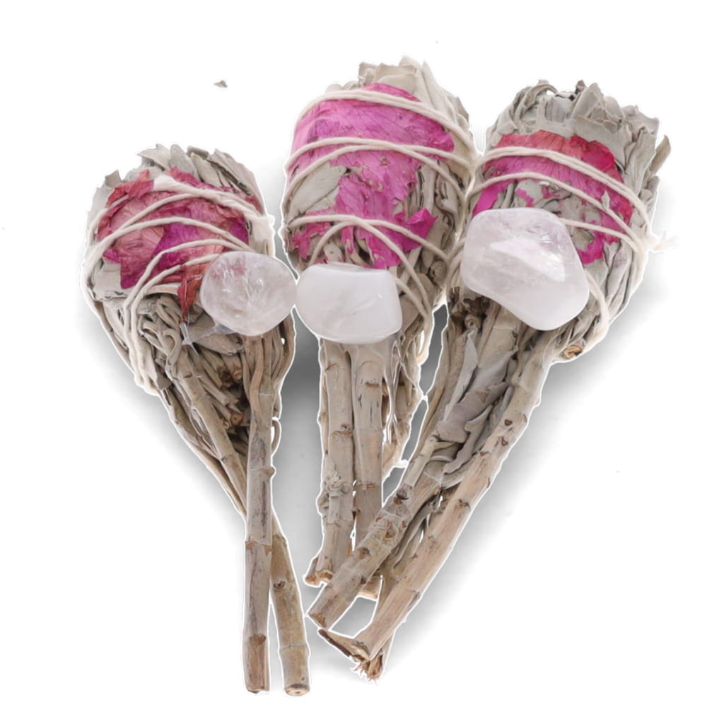 1 bunch Smudge Stick - White Sage Torch with Rose Petals & Quartz 8cm