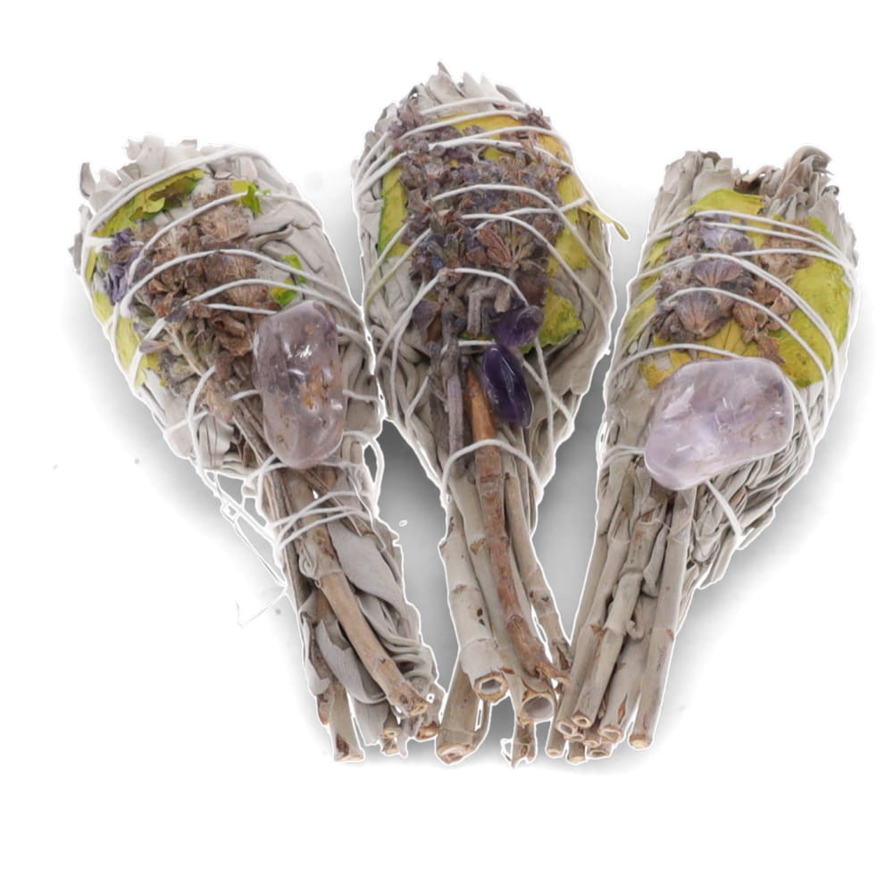 1 bunch Smudge Stick - White Sage Torch with Lavender, Rose Petals & Amethyst 8cm