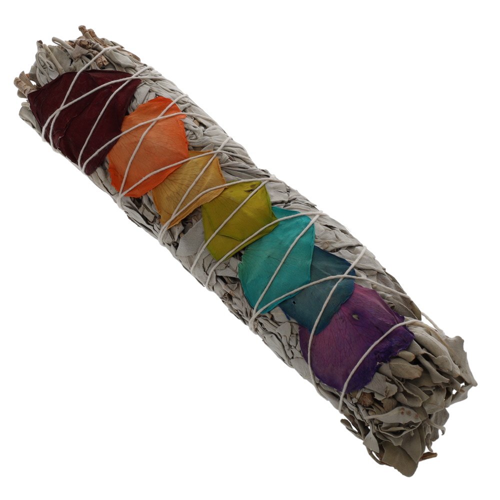 1 bunch SMUDGE STICK - White Sage with Chakra Rose Petals 22.5cm