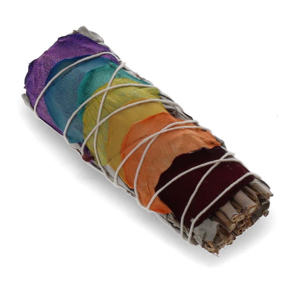 1 bunch SMUDGE STICK - White Sage with Chakra Rose Petals 10cm