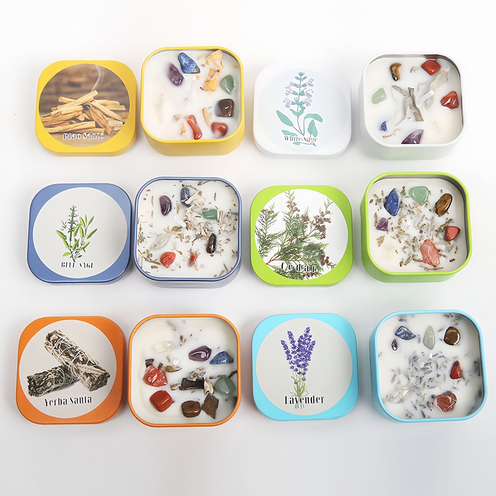 Crystal Raw Stone Tin Candle Gift Set – Palo Santo, Sage & Lavender Aromatherapy Home Decor
