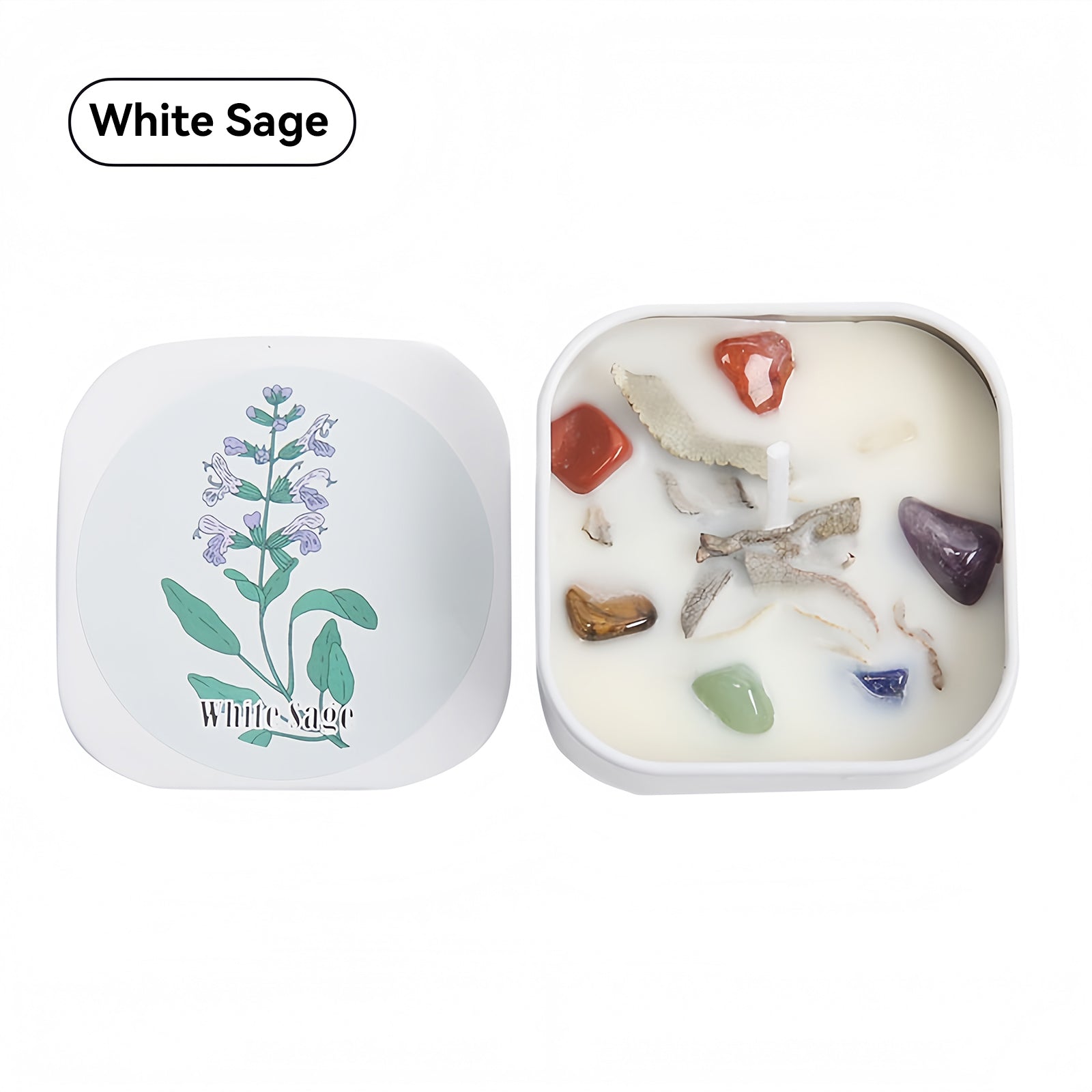 Crystal Raw Stone Tin Candle Gift Set – White Sage