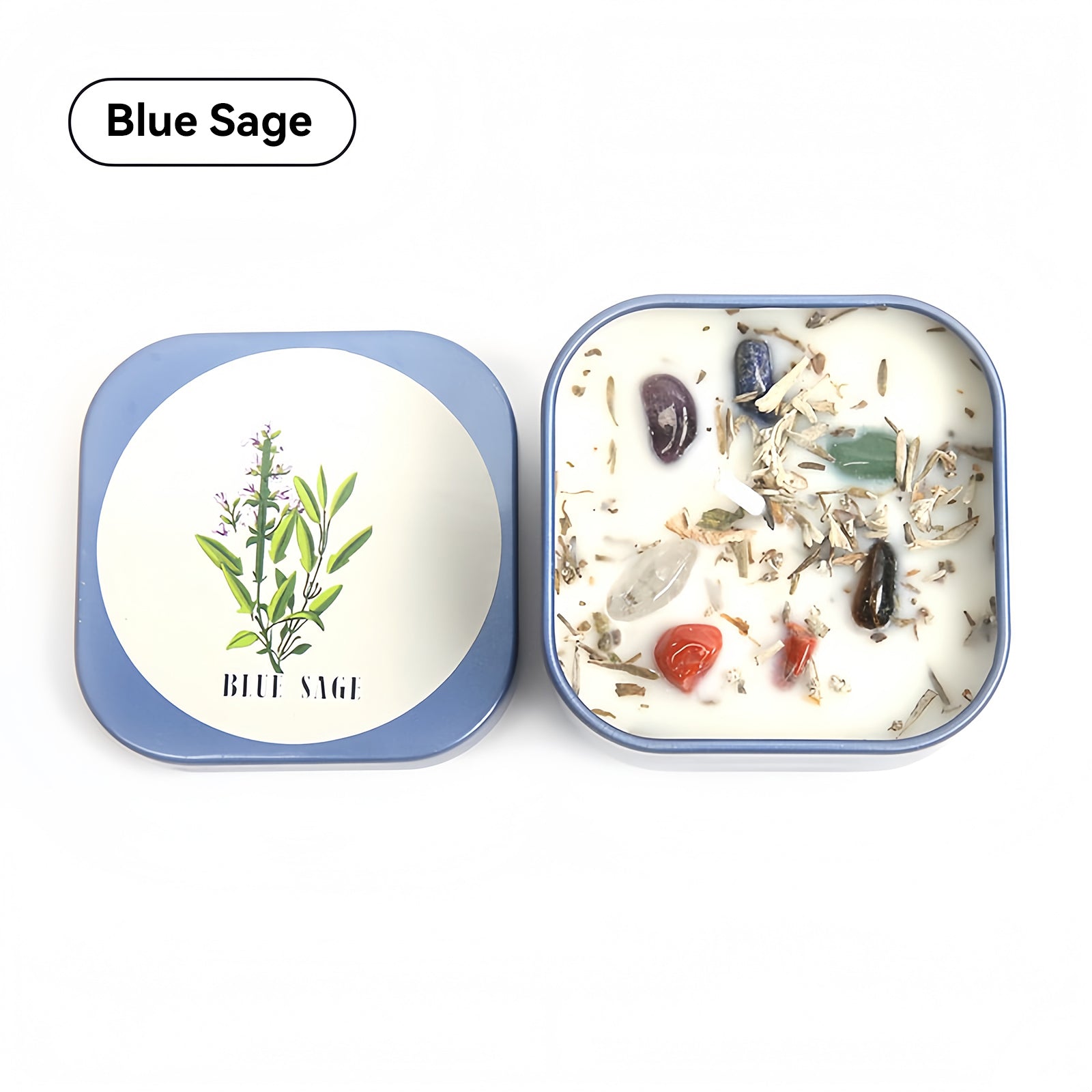 Crystal Raw Stone Tin Candle Gift Set – Blue Sage