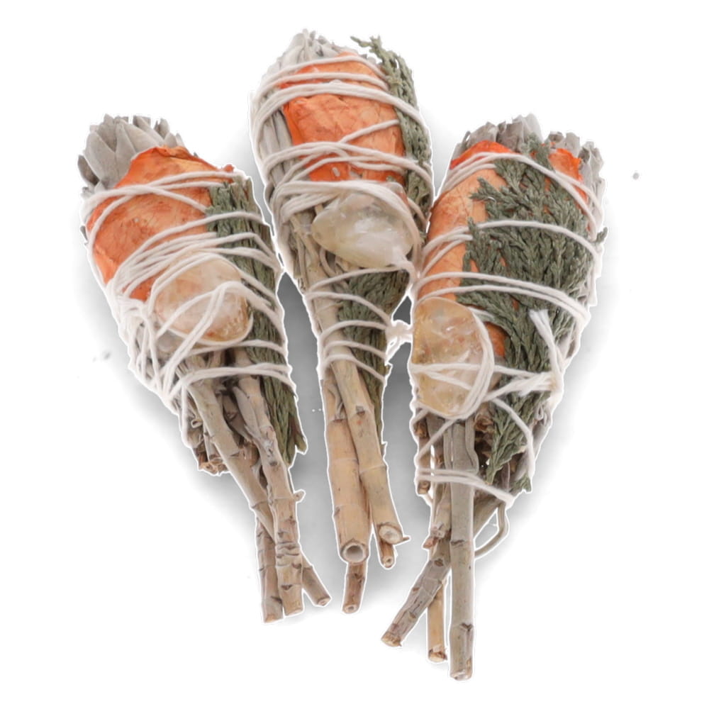 1 bunch SMUDGE STICK - White Sage Torch with Mitron Leaves, Rose Petals & Citrine 8cm